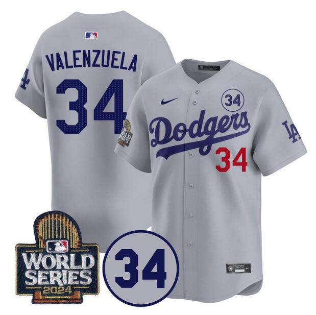 Men's Los Angeles Dodgers #34 Toro Valenzuela Grey 2024 World Series With No. 34 Patch Limited Stitched Baseball Jersey Men's Los Angeles Dodgers #34 Toro Valenzuela Grey 2024 World Series With No. 34 Patch Limited Stitched Baseball Jersey